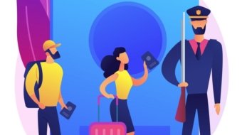 Migration policy abstract concept vector illustration. Migration report, policy research, visa application form, border patrols control, sign documents, put a tick, passport abstract metaphor.